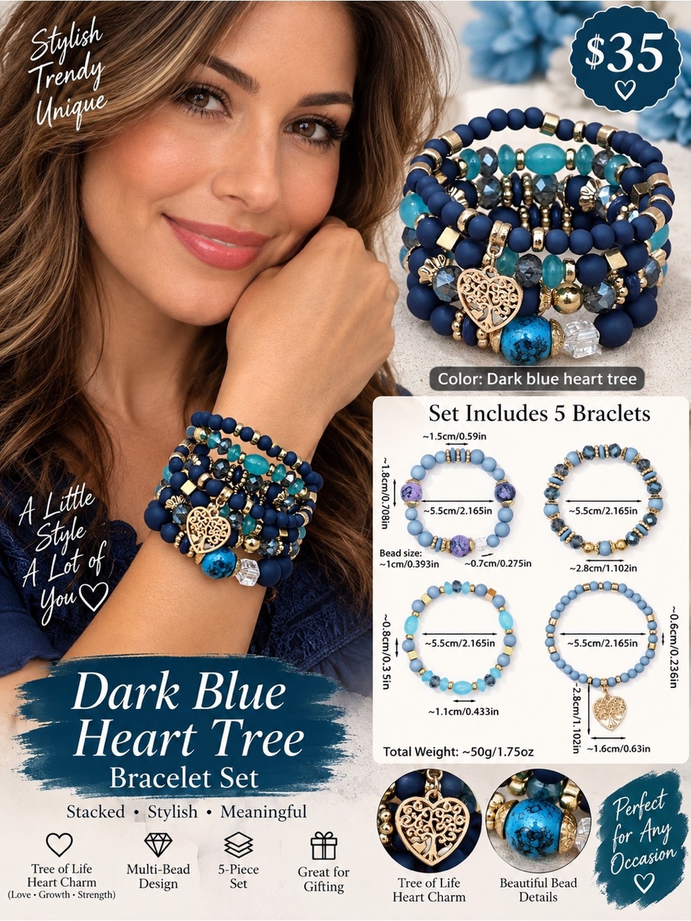 Dark Blue Heart Tree Bracelet Set - Women’s 5-Piece Stackable Bracelets